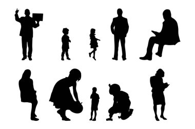 Vektör siluetleri, insanların ana hatları, Contour çizimleri, insanların siluetleri, ikon kümesi izole edilmiş, oturan insanların silueti, mimari set