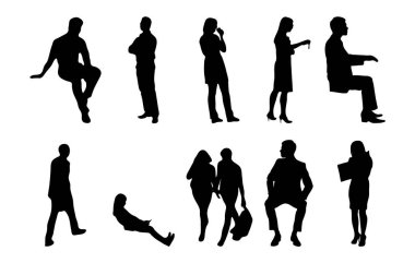 Vektör siluetleri, insanların ana hatları, Contour çizimleri, insanların siluetleri, ikon kümesi izole edilmiş, oturan insanların silueti, mimari set