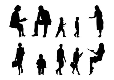 Vektör siluetleri, insanların ana hatları, Contour çizimleri, insanların siluetleri, ikon kümesi izole edilmiş, oturan insanların silueti, mimari set