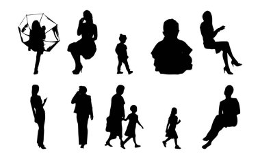 Vektör siluetleri, insanların ana hatları, Contour çizimleri, insanların siluetleri, ikon kümesi izole edilmiş, oturan insanların silueti, mimari set