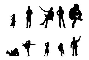 Vektör siluetleri, insanların ana hatları, Contour çizimleri, insanların siluetleri, ikon kümesi izole edilmiş, oturan insanların silueti, mimari set