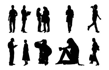 Vektör siluetleri, insanların ana hatları, Contour çizimleri, insanların siluetleri, ikon kümesi izole edilmiş, oturan insanların silueti, mimari set
