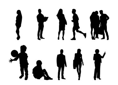 Vektör siluetleri, insanların ana hatları, Contour çizimleri, insanların siluetleri, ikon kümesi izole edilmiş, oturan insanların silueti, mimari set