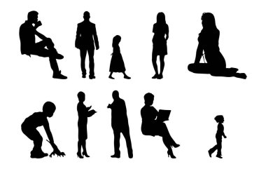 Vektör siluetleri, insanların ana hatları, Contour çizimleri, insanların siluetleri, ikon kümesi izole edilmiş, oturan insanların silueti, mimari set