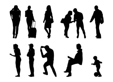 Vektör siluetleri, insanların ana hatları, Contour çizimleri, insanların siluetleri, ikon kümesi izole edilmiş, oturan insanların silueti, mimari set