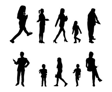 Vektör siluetleri, insanların ana hatları, Contour çizimleri, insanların siluetleri, ikon kümesi izole edilmiş, oturan insanların silueti, mimari set