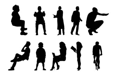 Vektör siluetleri, insanların ana hatları, Contour çizimleri, insanların siluetleri, ikon kümesi izole edilmiş, oturan insanların silueti, mimari set