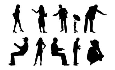 Vektör siluetleri, insanların ana hatları, Contour çizimleri, insanların siluetleri, ikon kümesi izole edilmiş, oturan insanların silueti, mimari set