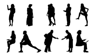Vektör siluetleri, insanların ana hatları, Contour çizimleri, insanların siluetleri, ikon kümesi izole edilmiş, oturan insanların silueti, mimari set