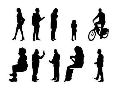 Vektör siluetleri, insanların ana hatları, Contour çizimleri, insanların siluetleri, ikon kümesi izole edilmiş, oturan insanların silueti, mimari set