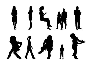 Vektör siluetleri, insanların ana hatları, Contour çizimleri, insanların siluetleri, ikon kümesi izole edilmiş, oturan insanların silueti, mimari set