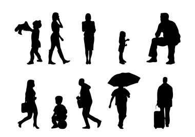 Vektör siluetleri, insanların ana hatları, Contour çizimleri, insanların siluetleri, ikon kümesi izole edilmiş, oturan insanların silueti, mimari set