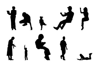 Vektör siluetleri, insanların ana hatları, Contour çizimleri, insanların siluetleri, ikon kümesi izole edilmiş, oturan insanların silueti, mimari set