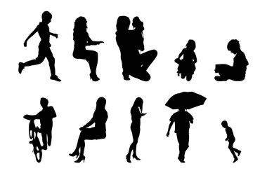 Vektör siluetleri, insanların ana hatları, Contour çizimleri, insanların siluetleri, ikon kümesi izole edilmiş, oturan insanların silueti, mimari set