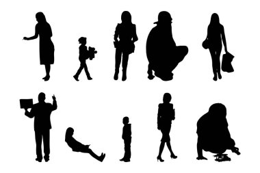 Vektör siluetleri, insanların ana hatları, Contour çizimleri, insanların siluetleri, ikon kümesi izole edilmiş, oturan insanların silueti, mimari set