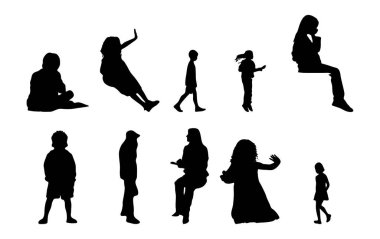 Vektör siluetleri, insanların ana hatları, Contour çizimleri, insanların siluetleri, ikon kümesi izole edilmiş, oturan insanların silueti, mimari set