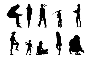 Vektör siluetleri, insanların ana hatları, Contour çizimleri, insanların siluetleri, ikon kümesi izole edilmiş, oturan insanların silueti, mimari set