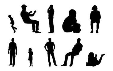 Vektör siluetleri, insanların ana hatları, Contour çizimleri, insanların siluetleri, ikon kümesi izole edilmiş, oturan insanların silueti, mimari set