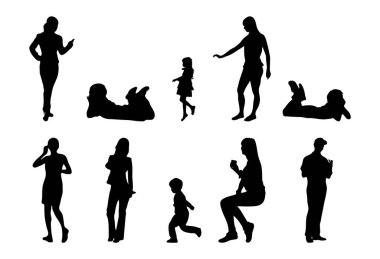 Vektör siluetleri, insanların ana hatları, Contour çizimleri, insanların siluetleri, ikon kümesi izole edilmiş, oturan insanların silueti, mimari set