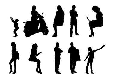 Vektör siluetleri, insanların ana hatları, Contour çizimleri, insanların siluetleri, ikon kümesi izole edilmiş, oturan insanların silueti, mimari set