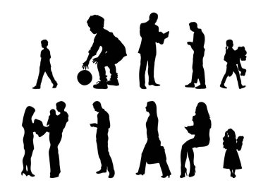 Vektör siluetleri, insanların ana hatları, Contour çizimleri, insanların siluetleri, ikon kümesi izole edilmiş, oturan insanların silueti, mimari set