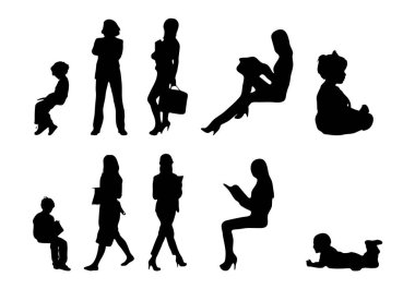 Vektör siluetleri, insanların ana hatları, Contour çizimleri, insanların siluetleri, ikon kümesi izole edilmiş, oturan insanların silueti, mimari set