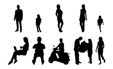 Vektör siluetleri, insanların ana hatları, Contour çizimleri, insanların siluetleri, ikon kümesi izole edilmiş, oturan insanların silueti, mimari set