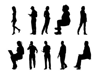 Vektör siluetleri, insanların ana hatları, Contour çizimleri, insanların siluetleri, ikon kümesi izole edilmiş, oturan insanların silueti, mimari set
