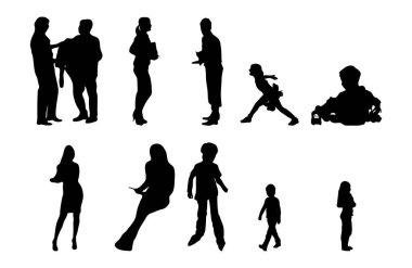 Vektör siluetleri, insanların ana hatları, Contour çizimleri, insanların siluetleri, ikon kümesi izole edilmiş, oturan insanların silueti, mimari set