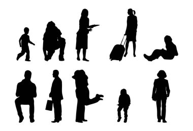 Vektör siluetleri, insanların ana hatları, Contour çizimleri, insanların siluetleri, ikon kümesi izole edilmiş, oturan insanların silueti, mimari set