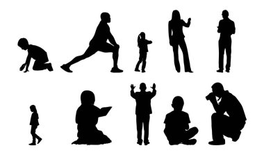 Vektör siluetleri, insanların ana hatları, Contour çizimleri, insanların siluetleri, ikon kümesi izole edilmiş, oturan insanların silueti, mimari set