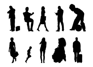 Vektör siluetleri, insanların ana hatları, Contour çizimleri, insanların siluetleri, ikon kümesi izole edilmiş, oturan insanların silueti, mimari set