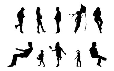 Vektör siluetleri, insanların ana hatları, Contour çizimleri, insanların siluetleri, ikon kümesi izole edilmiş, oturan insanların silueti, mimari set