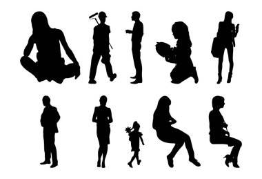 Vektör siluetleri, insanların ana hatları, Contour çizimleri, insanların siluetleri, ikon kümesi izole edilmiş, oturan insanların silueti, mimari set