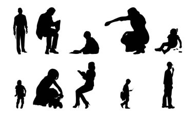 Vektör siluetleri, insanların ana hatları, Contour çizimleri, insanların siluetleri, ikon kümesi izole edilmiş, oturan insanların silueti, mimari set