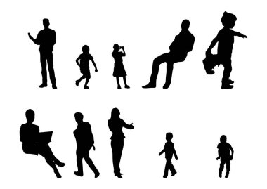 Vektör siluetleri, insanların ana hatları, Contour çizimleri, insanların siluetleri, ikon kümesi izole edilmiş, oturan insanların silueti, mimari set