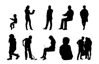 Vektör siluetleri, insanların ana hatları, Contour çizimleri, insanların siluetleri, ikon kümesi izole edilmiş, oturan insanların silueti, mimari set