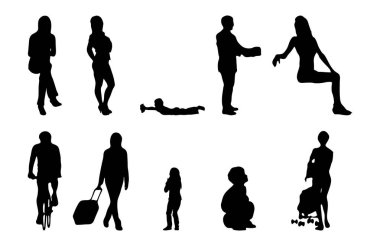 Vektör siluetleri, insanların ana hatları, Contour çizimleri, insanların siluetleri, ikon kümesi izole edilmiş, oturan insanların silueti, mimari set