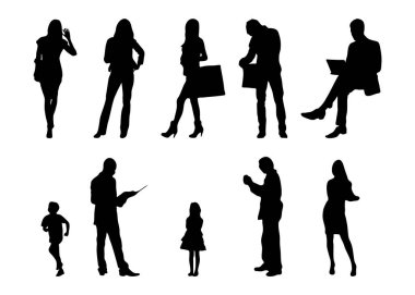 Vektör siluetleri, insanların ana hatları, Contour çizimleri, insanların siluetleri, ikon kümesi izole edilmiş, oturan insanların silueti, mimari set