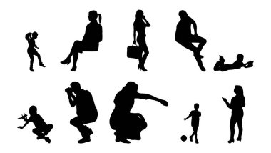Vektör siluetleri, insanların ana hatları, Contour çizimleri, insanların siluetleri, ikon kümesi izole edilmiş, oturan insanların silueti, mimari set