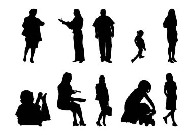 Vektör siluetleri, insanların ana hatları, Contour çizimleri, insanların siluetleri, ikon kümesi izole edilmiş, oturan insanların silueti, mimari set