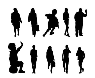 Vektör siluetleri, insanların ana hatları, Contour çizimleri, insanların siluetleri, ikon kümesi izole edilmiş, oturan insanların silueti, mimari set