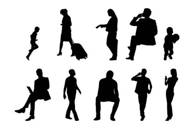 Vektör siluetleri, insanların ana hatları, Contour çizimleri, insanların siluetleri, ikon kümesi izole edilmiş, oturan insanların silueti, mimari set