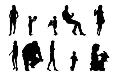 Vektör siluetleri, insanların ana hatları, Contour çizimleri, insanların siluetleri, ikon kümesi izole edilmiş, oturan insanların silueti, mimari set