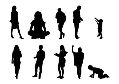 Vektör siluetleri, insanların ana hatları, Contour çizimleri, insanların siluetleri, ikon kümesi izole edilmiş, oturan insanların silueti, mimari set