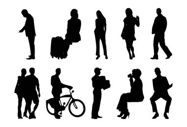 Vektör siluetleri, insanların ana hatları, Contour çizimleri, insanların siluetleri, ikon kümesi izole edilmiş, oturan insanların silueti, mimari set