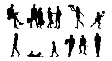 Vektör siluetleri, insanların ana hatları, Contour çizimleri, insanların siluetleri, ikon kümesi izole edilmiş, oturan insanların silueti, mimari set