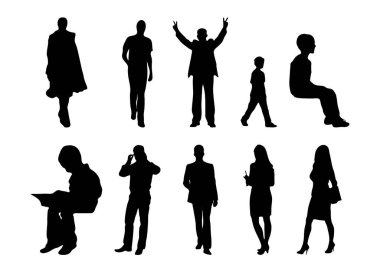 Vektör siluetleri, insanların ana hatları, Contour çizimleri, insanların siluetleri, ikon kümesi izole edilmiş, oturan insanların silueti, mimari set
