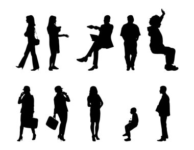 Vektör siluetleri, insanların ana hatları, Contour çizimleri, insanların siluetleri, ikon kümesi izole edilmiş, oturan insanların silueti, mimari set