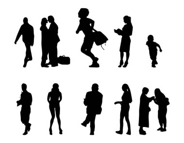 Vektör siluetleri, insanların ana hatları, Contour çizimleri, insanların siluetleri, ikon kümesi izole edilmiş, oturan insanların silueti, mimari set